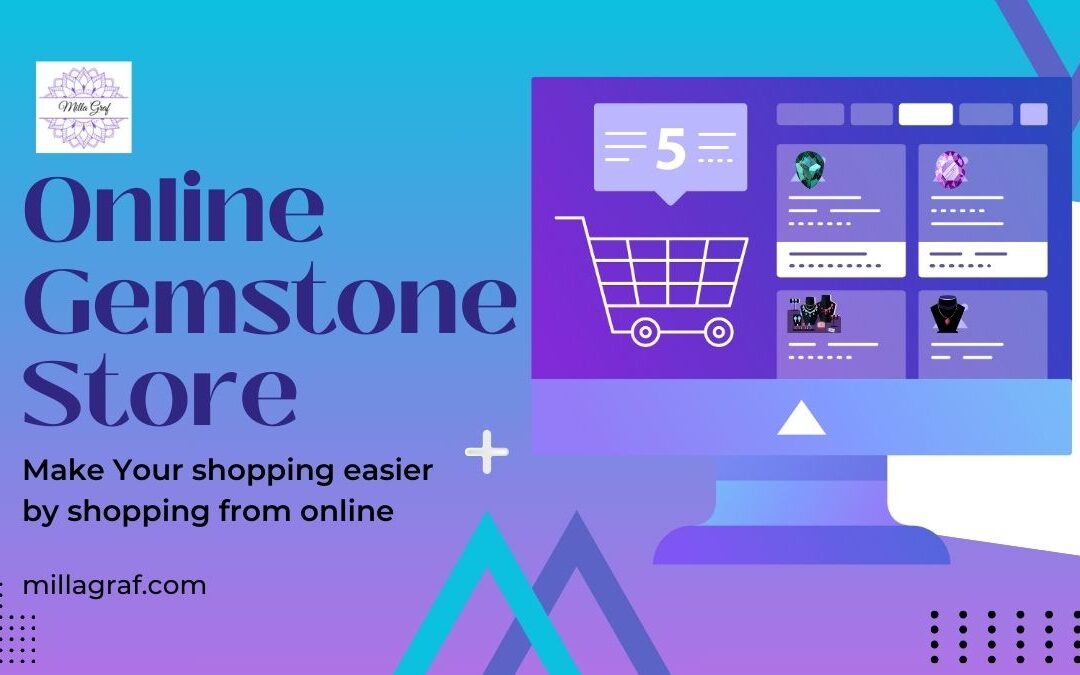 Illustration of an MillaGraf's online gemstone jewelry store featuring a shopping cart interface and gemstone products on a computer screen.