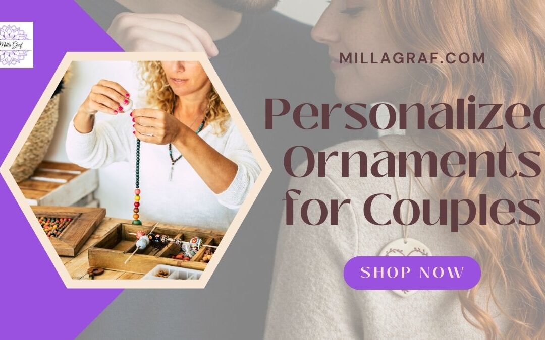 A woman creating beaded jewelry with a blurred couple in the background wearing matching necklaces